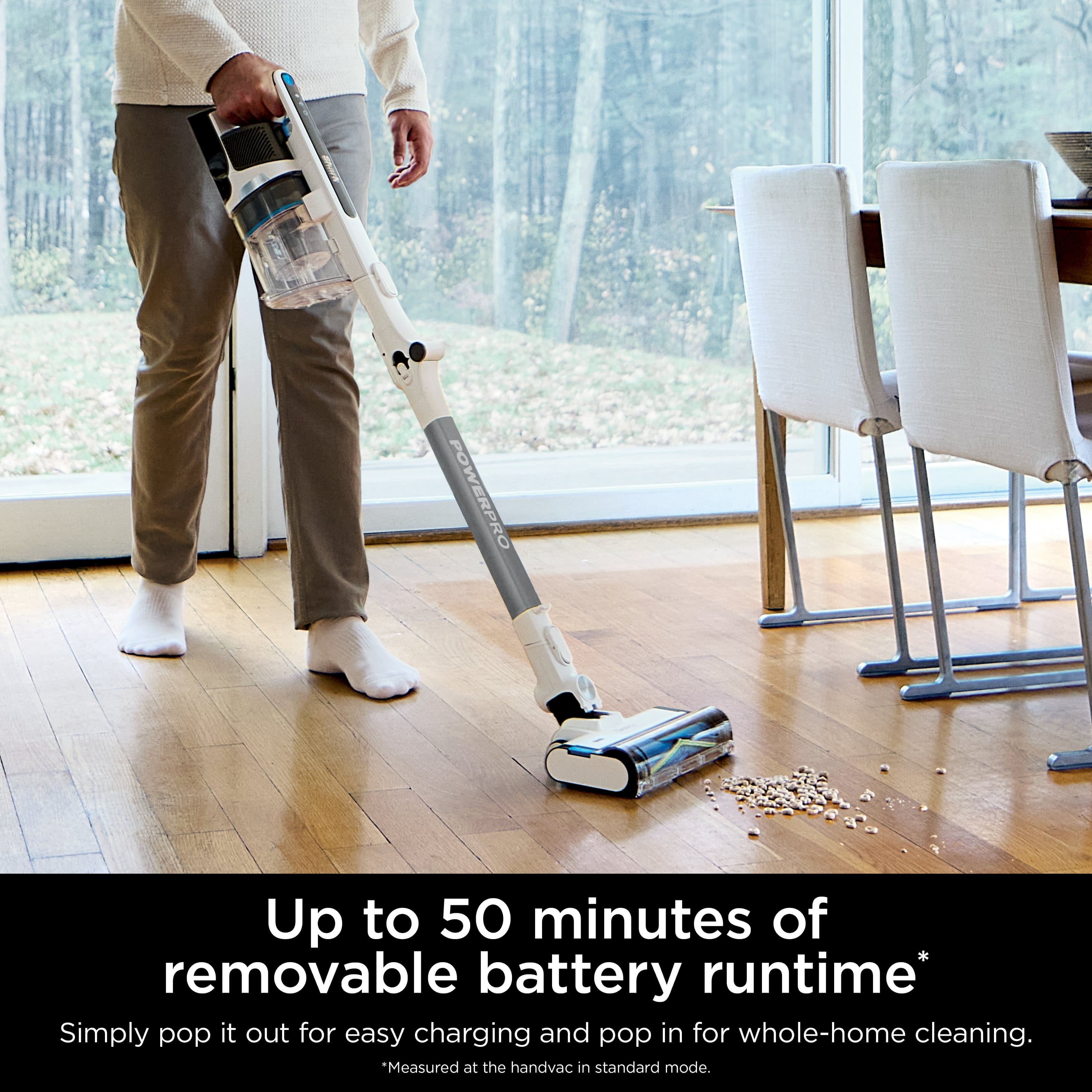 POWERPRO offers up to 50 minutes of removable battery runtime, making it easy to charge and use for whole-home cleaning. The handvac is designed for simple and convenient use, as it can be easily charged and popped in for cleaning purposes. Measured at the handvac in standard mode, it provides a reliable and efficient cleaning experience.