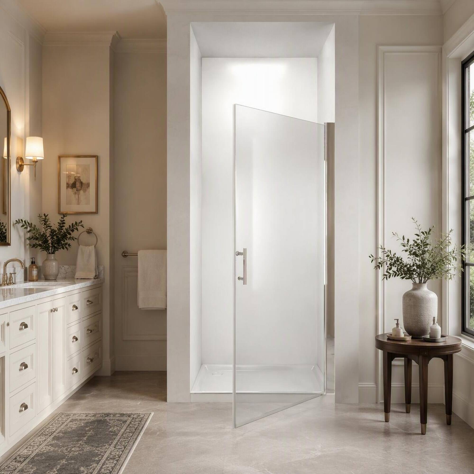 Left. RYHNUYNE - 37-36" X 72" Pivot Shower Door With 1/4" Tempered Glass, Chrome Frame And Safety Film - Chrome.