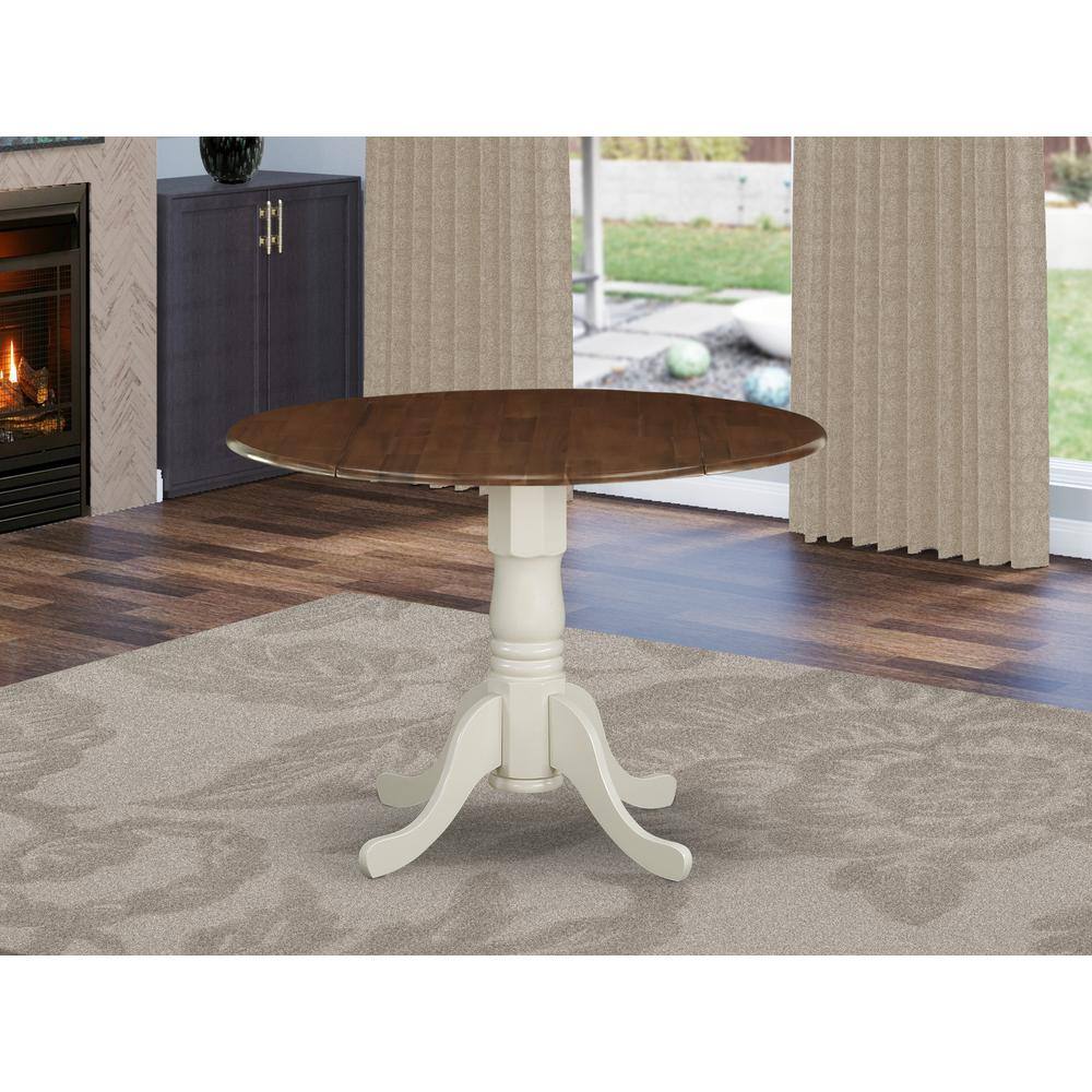 Angle. East West Furniture - East West Furniture DMT-WLW-TP Dublin Modern Kitchen Table, a Round Dining Table with Dropleaf & Pedestal Base - Walnut & Linen White.