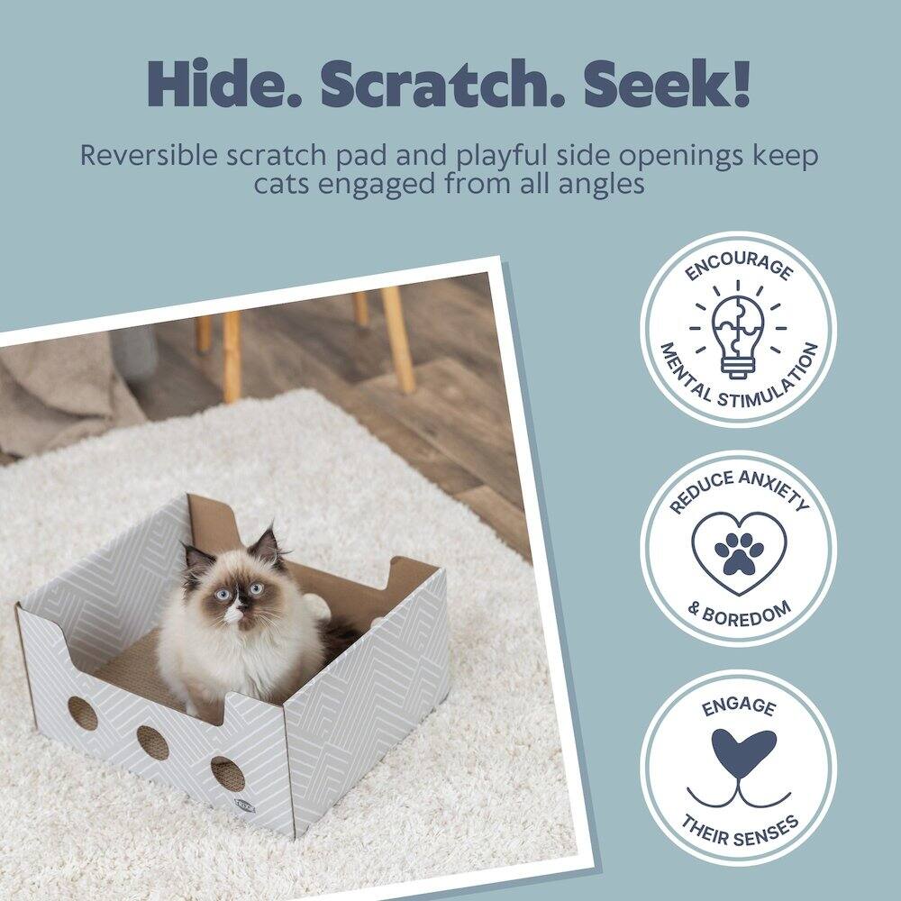 Hide. Scratch. Seek!  
Reversible scratch pad and playful side openings keep cats engaged from all angles  

- Encourage mental stimulation  
- Reduce anxiety & boredom  
- Engage their senses