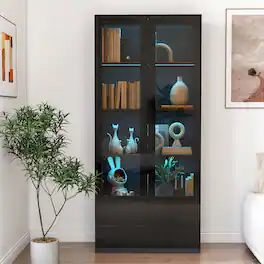 APRILSOUL - Display Cabinet Glass Doors 2 Drawer LED Bookcase - Black