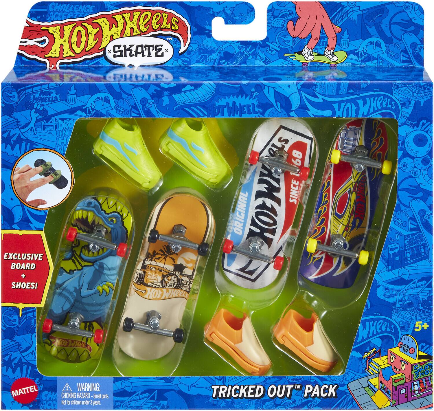CHALLENGE ACCEPTED!  
HOT WHEELS  
SKATE  
EXCLUSIVE BOARD + SHOES!  
TRICKED OUT "PACK"  
5+  
WARNING: CHOKING HAZARD - Small parts. Not for children under 3 years.  
MATTEL