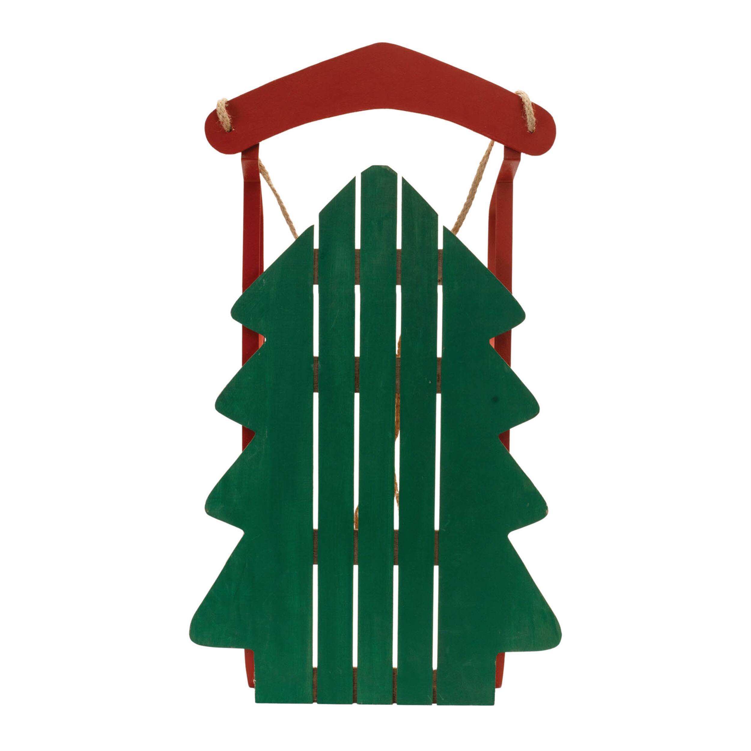Angle. BreeBe - Wood Pine Tree Sled Decor 29.5"H - Green, Red.