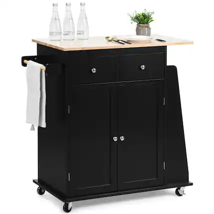 Front. Kadyn - Rubber Wood Countertop Rolling Kitchen Island Cart-Black, Kitchen Island, Island Table for Kitchen,Dinning Room - Black.
