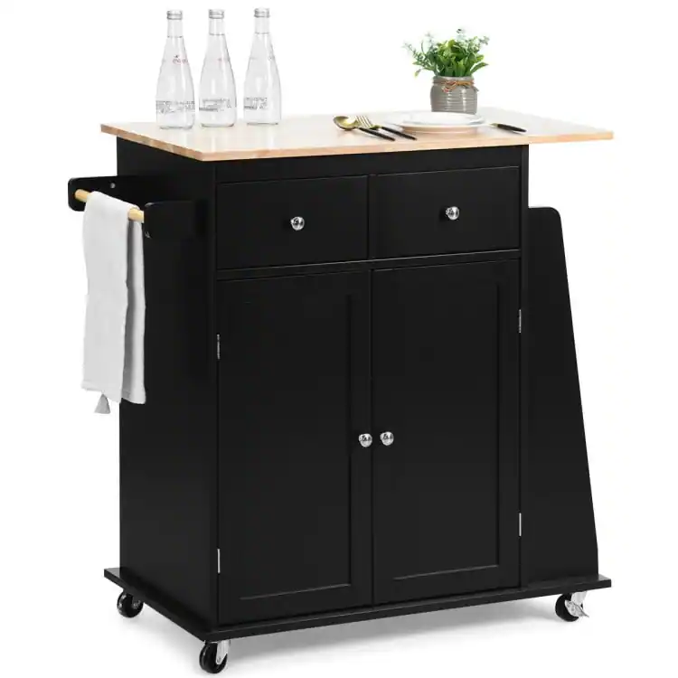 Front. Kadyn - Rubber Wood Countertop Rolling Kitchen Island Cart-Black, Kitchen Island, Island Table for Kitchen,Dinning Room - Black.