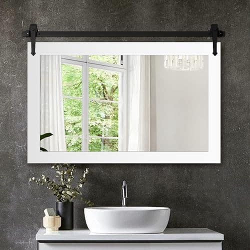 Cedar Assembly - Farmhouse Bathroom Mirror For Over Sink 22"x32" Rustic Western Barn Decor Vanity Wall Living Room Bedroom - Bright White-42"L x 28"W