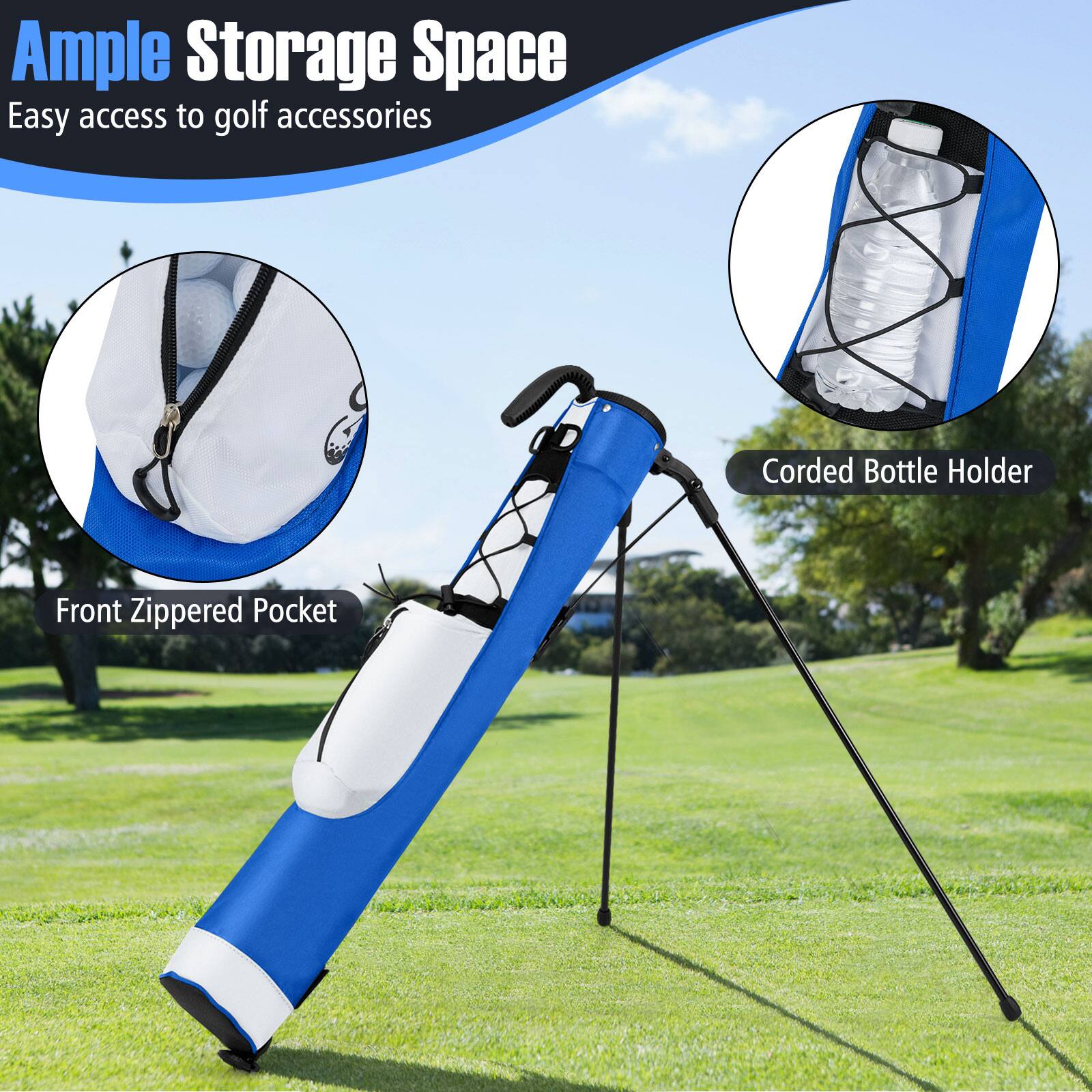 Ample Storage Space  
Easy access to golf accessories  

Front Zippered Pocket  

Corded Bottle Holder