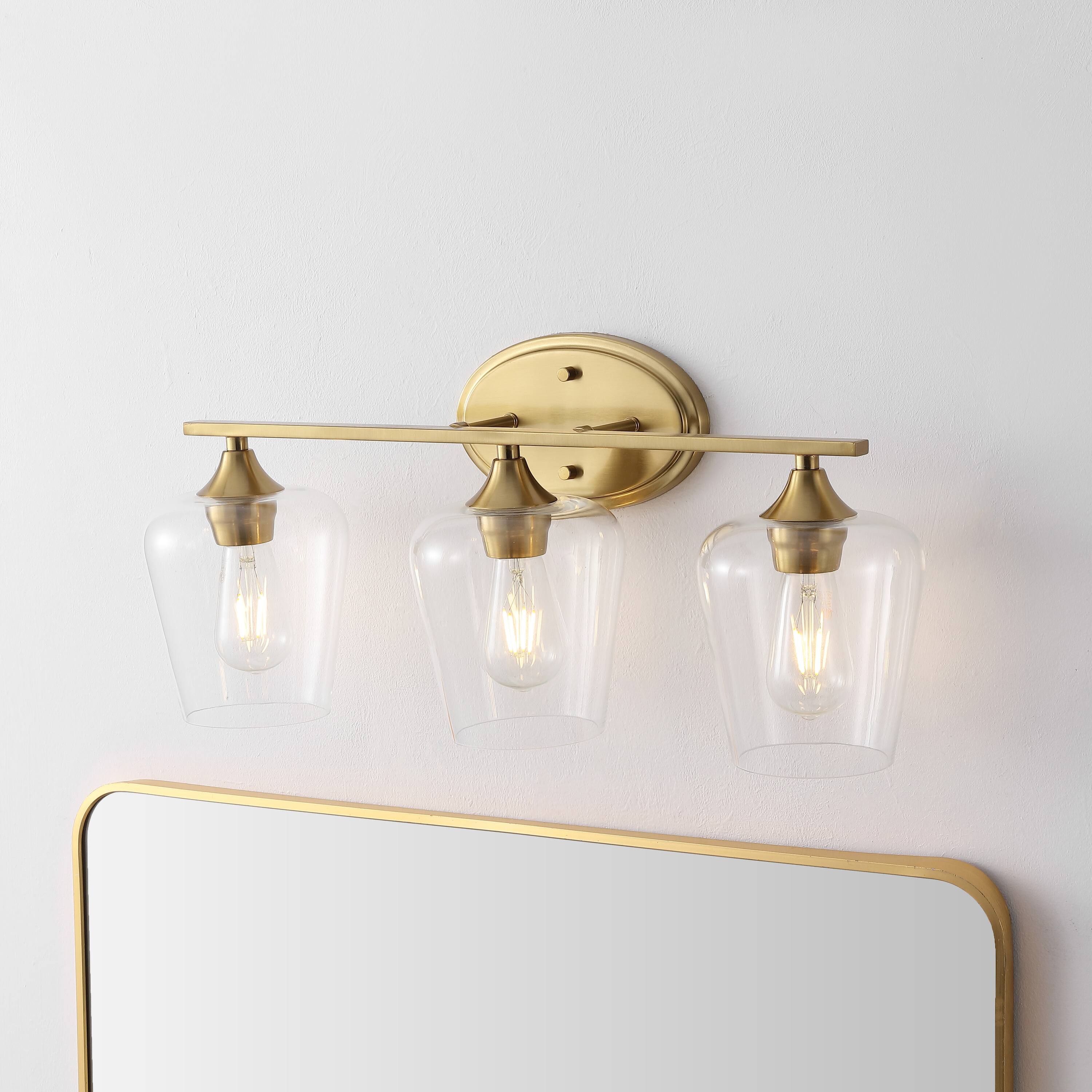 Alt View 1. Jonathan Y - Jayne 23" 3-Light Iron/Glass Cottage Rustic LED Vanity Light, Brass Gold - Brass Gold.