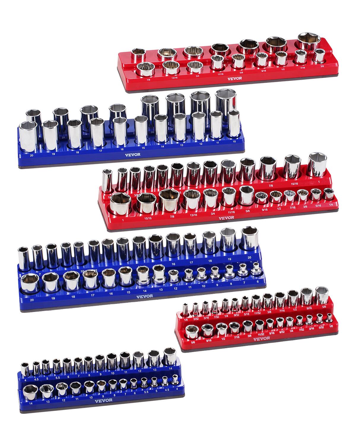 VEVOR - Magnetic Socket Organizer Set, 6PCS Socket Holder, 1/4'', 3/8'' & 1/2'' Metric SAE Socket Trays with Clear Labels - Red,Blue