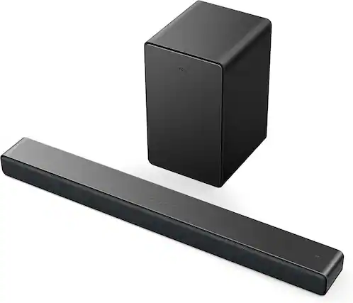 Front. TCL - 3.1 Ch Soundbar w/ Wireless Subwoofer Q6310, 350W, Dolby Audio, DTS Virtual: X, Built-in Tweeters, Auto Room Calibration - Black.