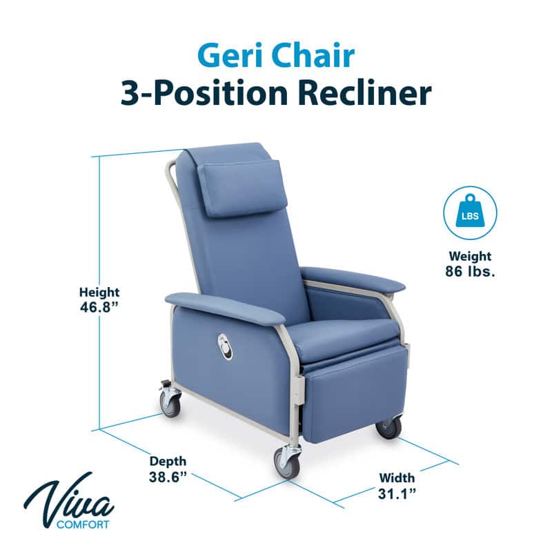 Geri Chair 3-Position Recliner
Height: 46.8"
Weight: 86 lbs
Depth: 38.6"
Width: 31.1"