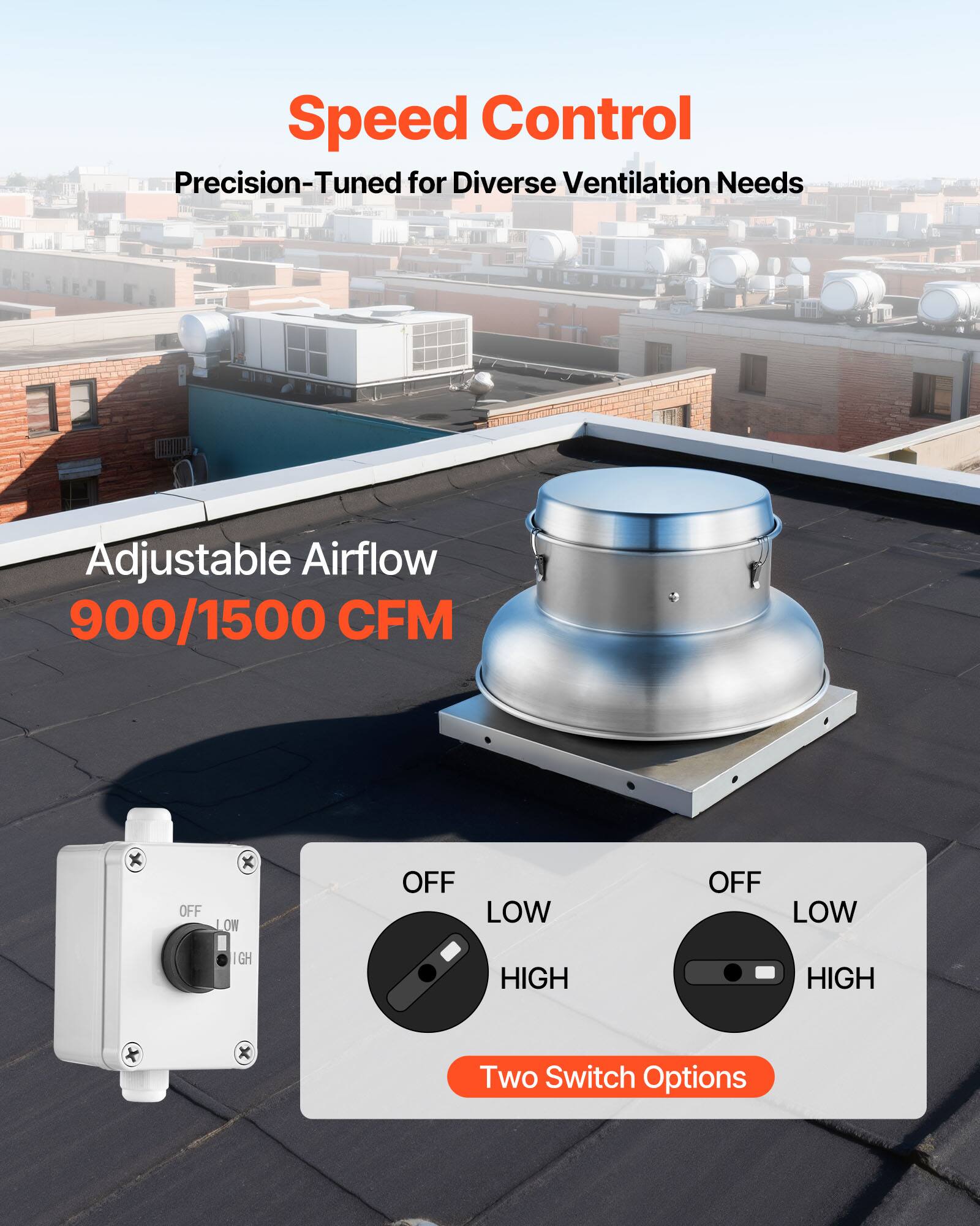 Speed Control Precision-Tuned for Diverse Ventilation Needs Adjustable Airflow 900/1500 CFM x OFF x LOW x HIGH x Two Switch Options