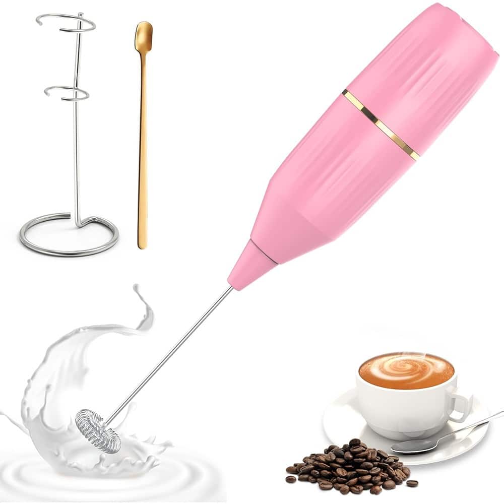 ACJPR - Handheld Milk Frother – 14,000 RPM Drink Mixer with Stand & Spoon - Pink