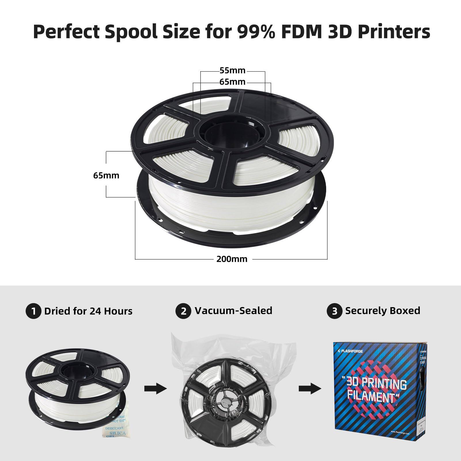 Perfect Spool Size for 99% FDM 3D Printers

- 55mm
- 65mm
- 65mm
- 200mm

1. Dried for 24 Hours
2. Vacuum-Sealed
3. Securely Boxed

PLASHFORGE 3D PRINTING FILAMENT
