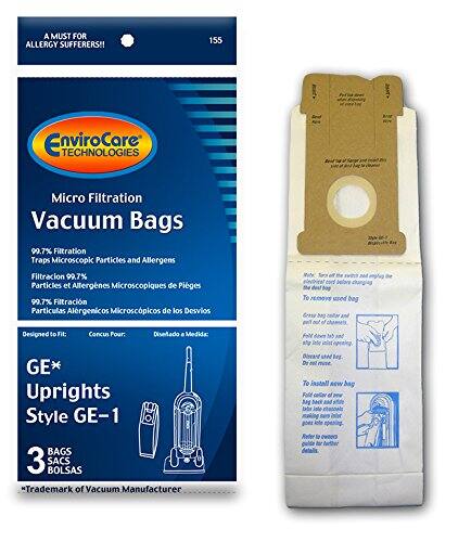 A MUST FOR ALLERGY SUFFERERS!!  
155 EnviroCare Technologies Micro Filtration Vacuum Bags  
99.7% Filtration Traps Microscopic Particles and Allergens  
Filtración 99.7% Partículas y Alergénicos Microscópicos de Polvo  
99.7% Filtración Partículas Alergénicas Microscópicas de los Desvios  

Designed to fit:  
Concusa Pour:  
Disertado a Medida:  
a Inte inis GE* Uprights Style GE-1  

3 BAGS  
3 SACS  
3 BOLSAS  

Trademark of Vacuum Manufacturer  
Doreart uN beg De nel To tl AEW bay Fold dl bag Dack goez t
