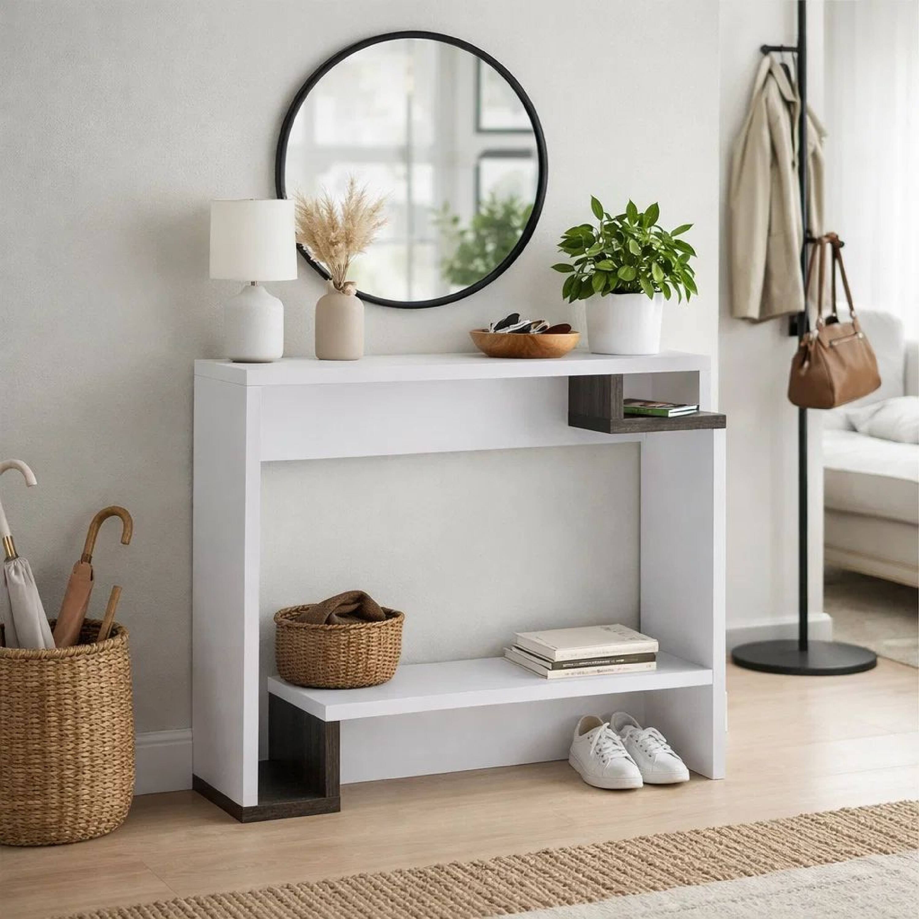 Alt View 2. Manhattan Lane - 36 Inch Modern Console Table, Multilevel Wood Shelves - White, Gray.
