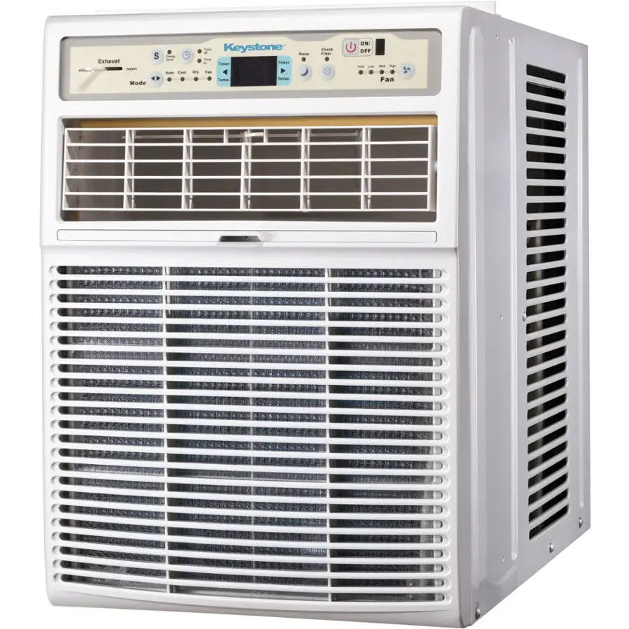 The text on the image reads: "Austin - Keystone I - 1.5 Ton - 12,000 BTU - 115V - 60Hz - Cooling - Heating - Fan - Auto - ON/OFF - P - Fan - F".