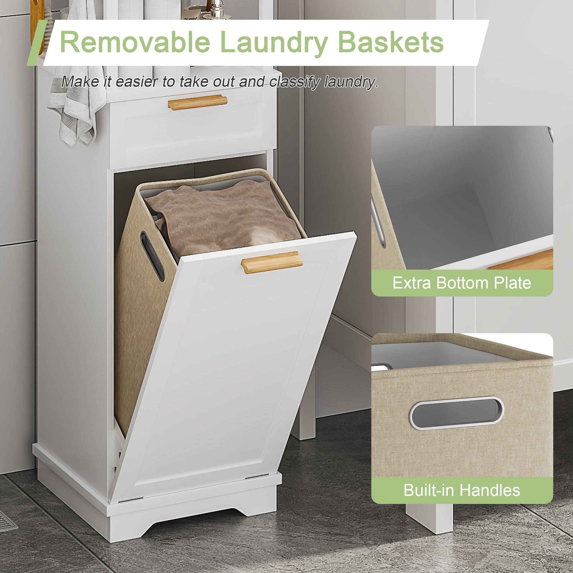 Removable Laundry Baskets  
Make it easier to take out and classify laundry.  

Extra Bottom Plate  
Built-in Handles