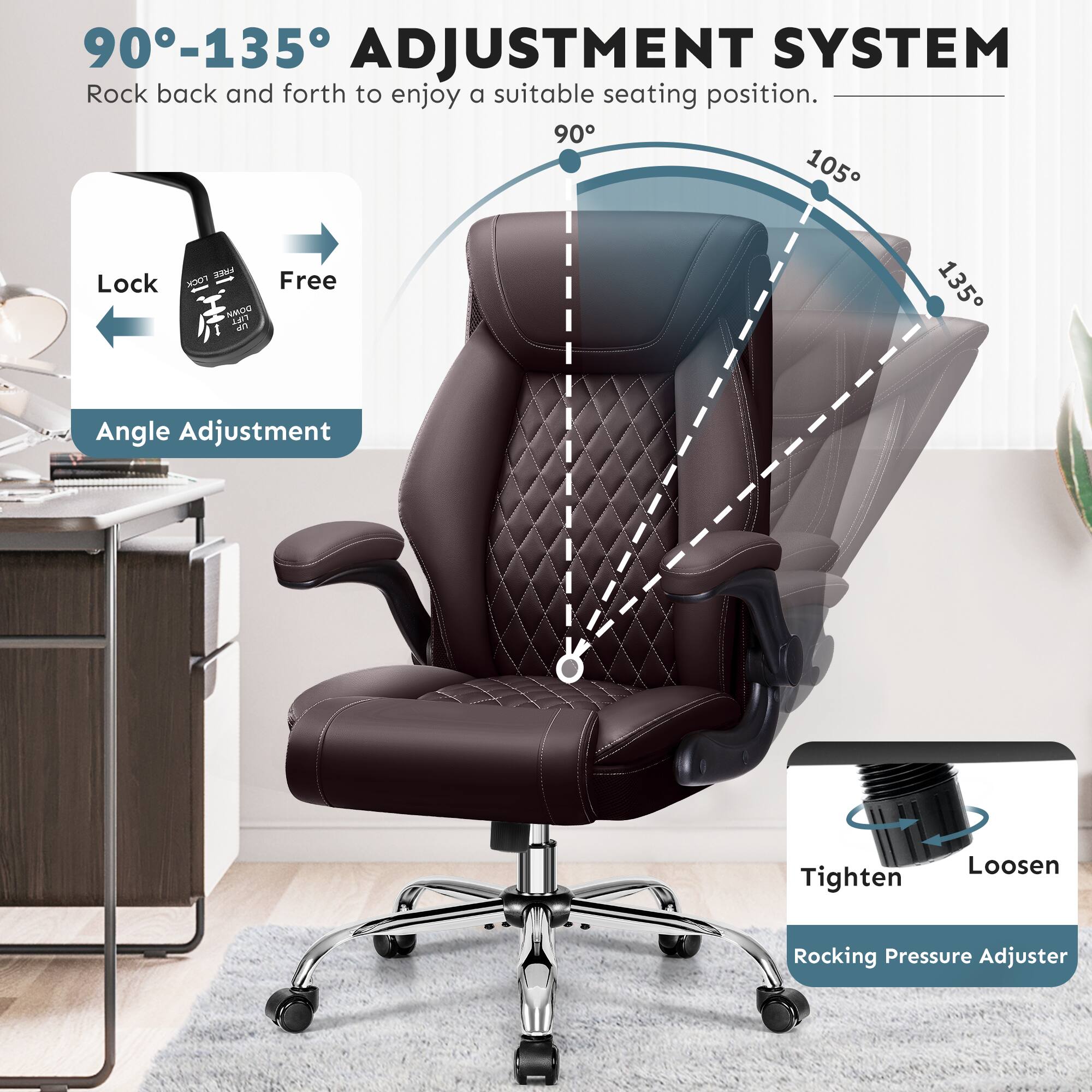 90°-135° ADJUSTMENT SYSTEM  
Rock back and forth to enjoy a suitable seating position.  

Lock  
Free  

Angle Adjustment  

Tighten  
Loosen  

Rocking Pressure Adjuster