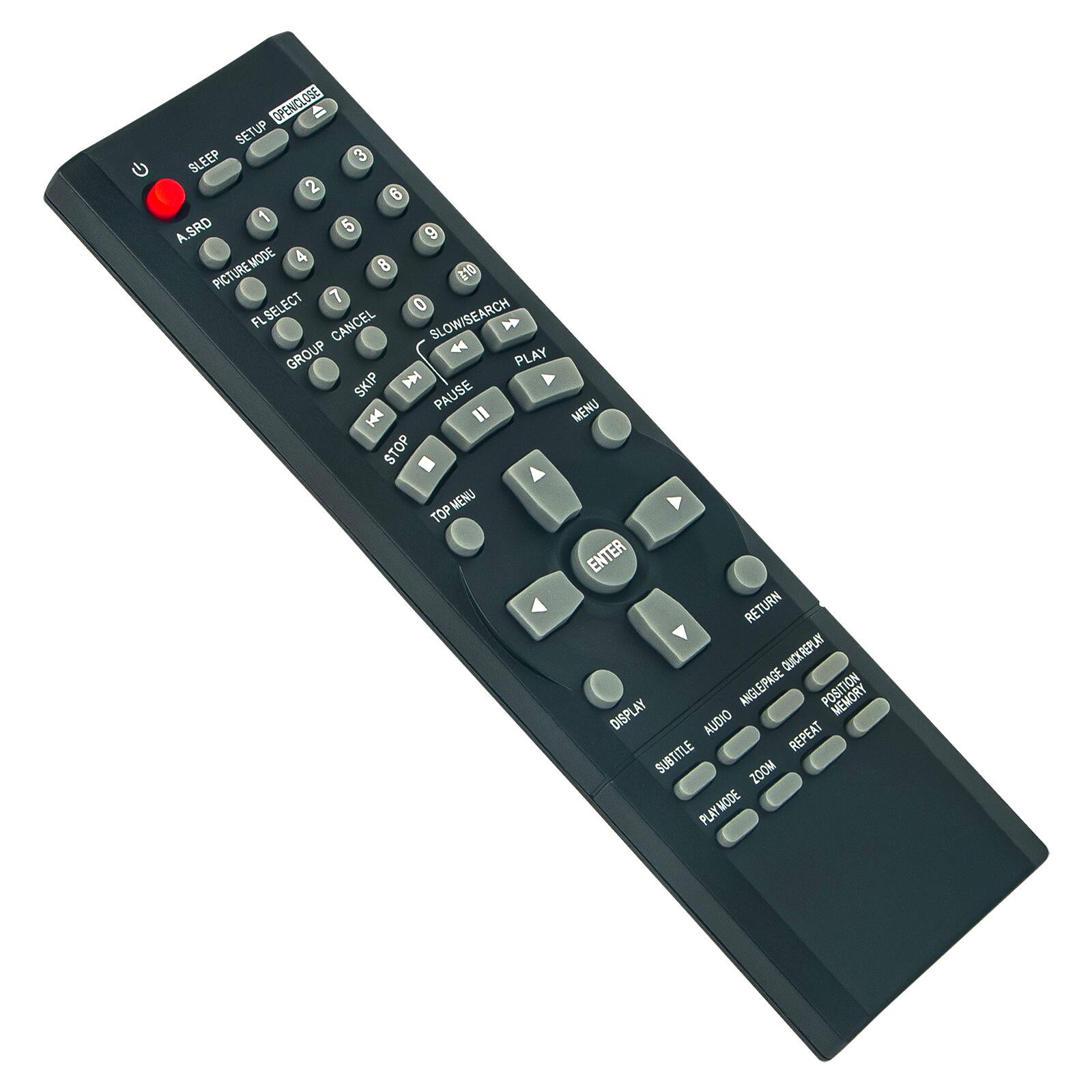 Sure, here is the corrected and grouped text from the image:

**Top Row:**
- OPEN/CLOSE
- SETUP
- SLEEP
- 3
- 2
- 6
- 1
- A.SRD
- 5
- 9
- 4
- PICTURE MODE
- 8
- E10
- 7
- 0
- FL/SELECT
- CANCEL
- SLOW/SEARCH

**Middle Row:**
- GROUP
- PLAY
- SKIP
- PAUSE
- MENU
- STOP
- MENU
- TOP
- ENTER
- RETURN

**Bottom Row:**
- QUICK REPLAY
- QUICK
- ANGLE/PAGE
- POSITION
- DISPLAY
- AUDIO
- REPEAT
- SUBTITLE
- ZOOM
- PLAY MODE
- PLAY

**Additional Buttons:**
- MENU
- RETURN
- MEMORY
- POSITION
- REPEAT