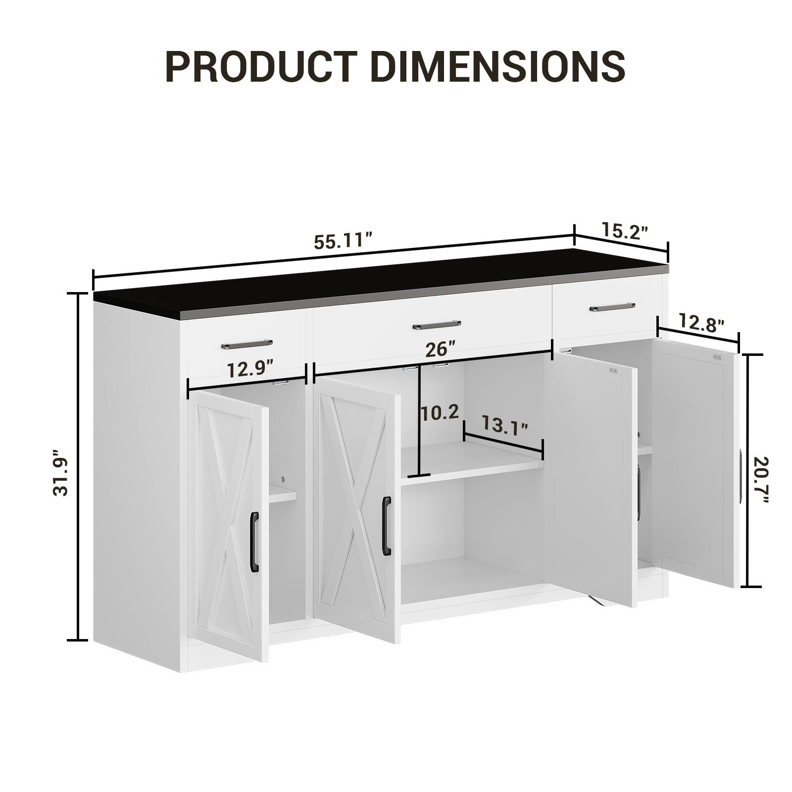 PRODUCT DIMENSIONS

- Width: 55.11"
- Depth: 15.2"
- Height: 31.9"
- Door Width: 12.9"
- Door Height: 26"
- Shelf Width: 10.2"
- Shelf Depth: 13.1"
- Shelf Height: 20.7"
- Cabinet Height: 12.8"