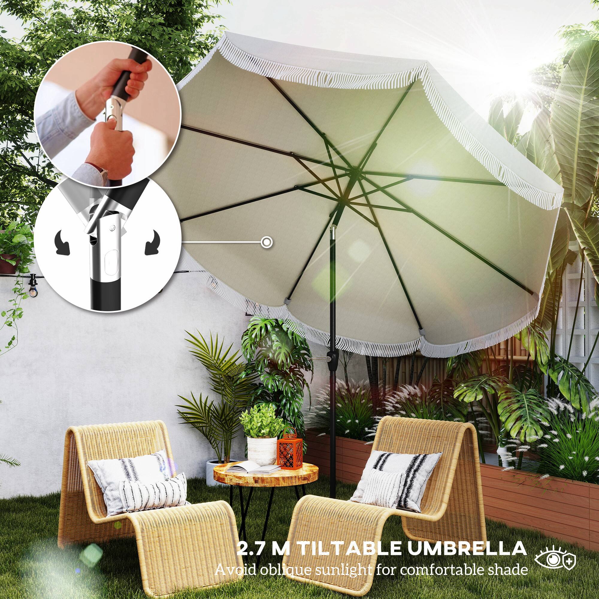 2.7 M TILTABLE UMBRELLA
Avoid oblique sunlight for comfortable shade