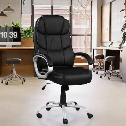 Front. TinyHomie - Black/Silver PU Leather High Back Adjustable 360° Swivel Office Task Chair - Black.
