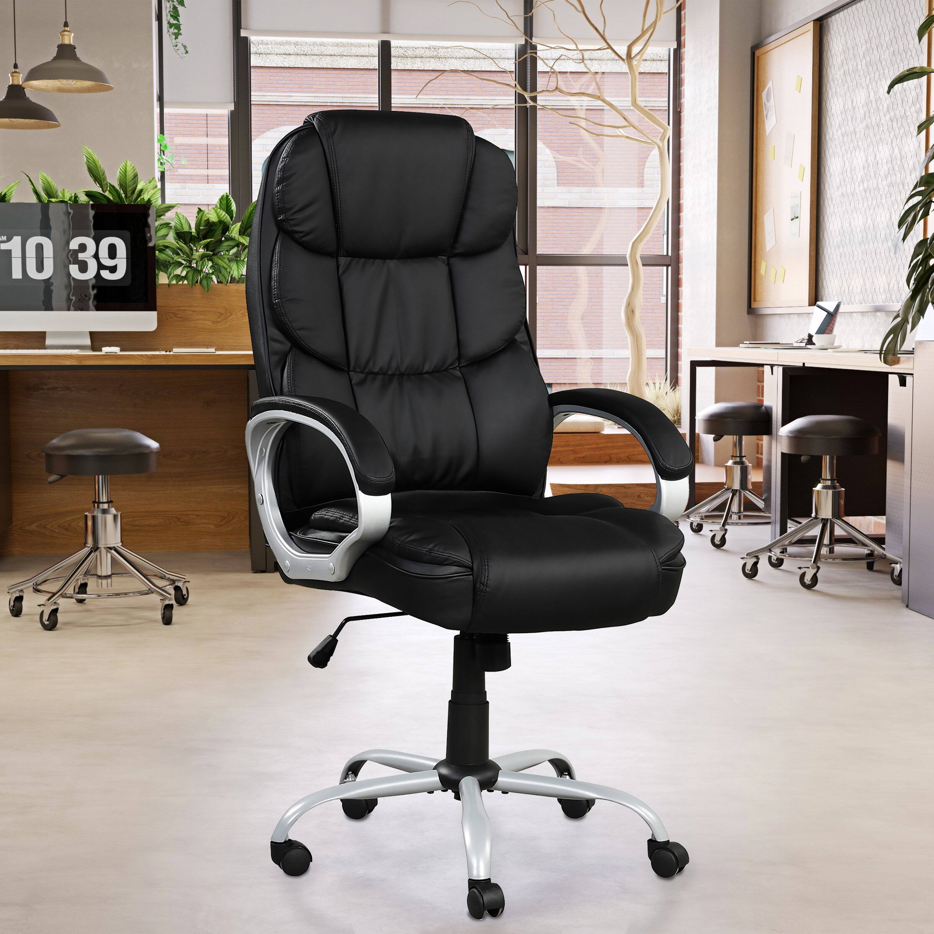 Front. TinyHomie - Black/Silver PU Leather High Back Adjustable 360° Swivel Office Task Chair - Black.