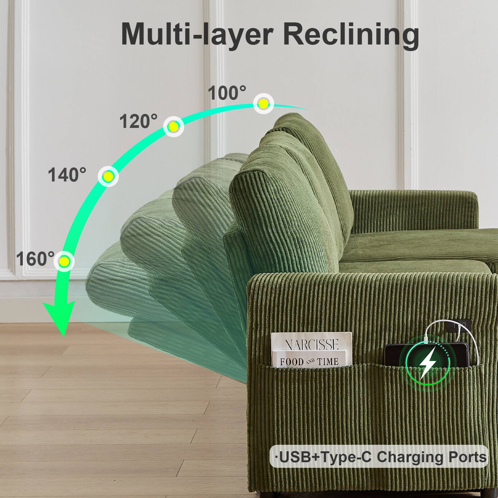 Left. Dyonery - Dyonery 81-inch sofa with pull-out bed, adjustable backrest, tool-free assembly, corduroy - Green.