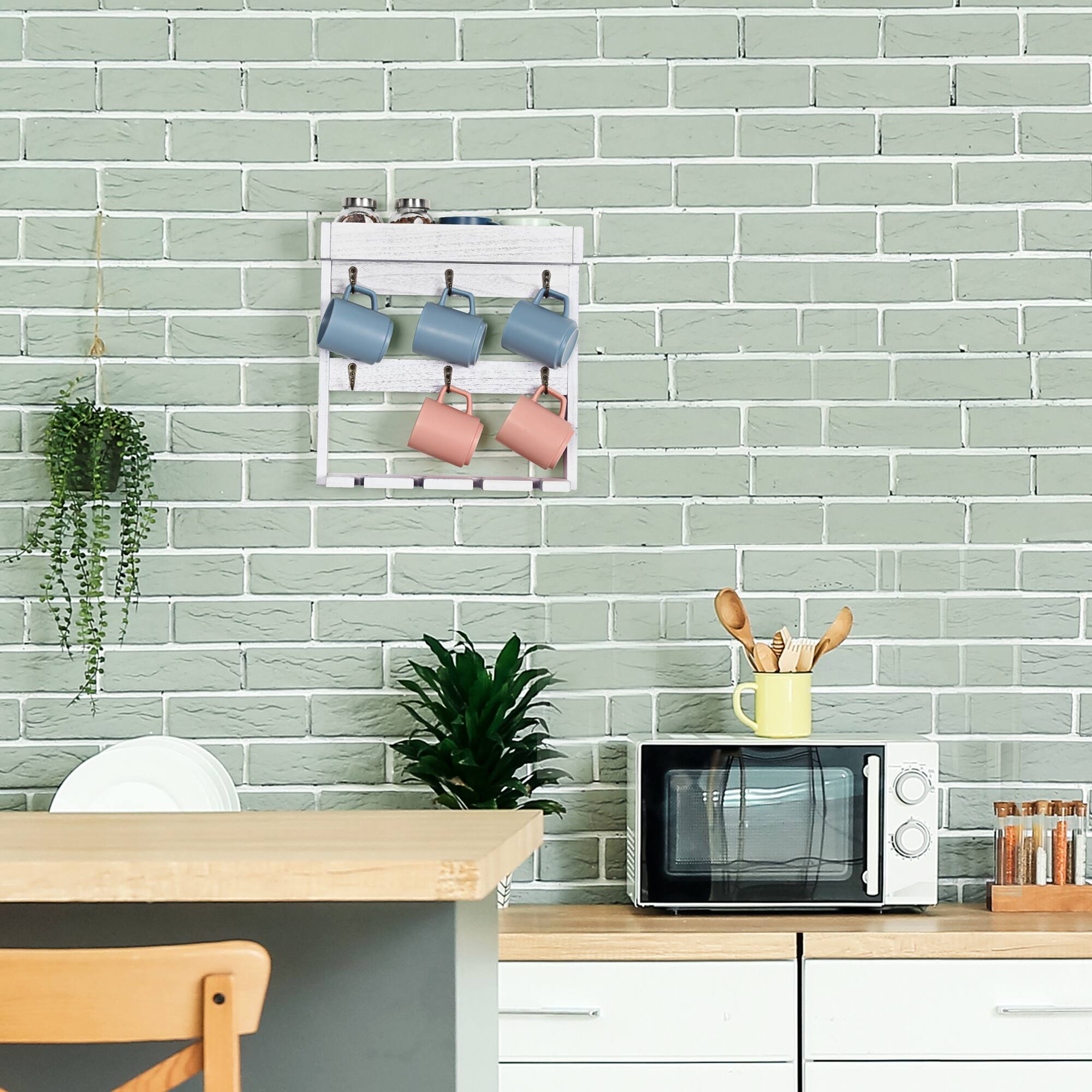Alt View 2. Oumilen - White Distressed Wood Wall Mug Rack with Wine Glass Holder – Coffee Cup Organizer for Kitchen - White.