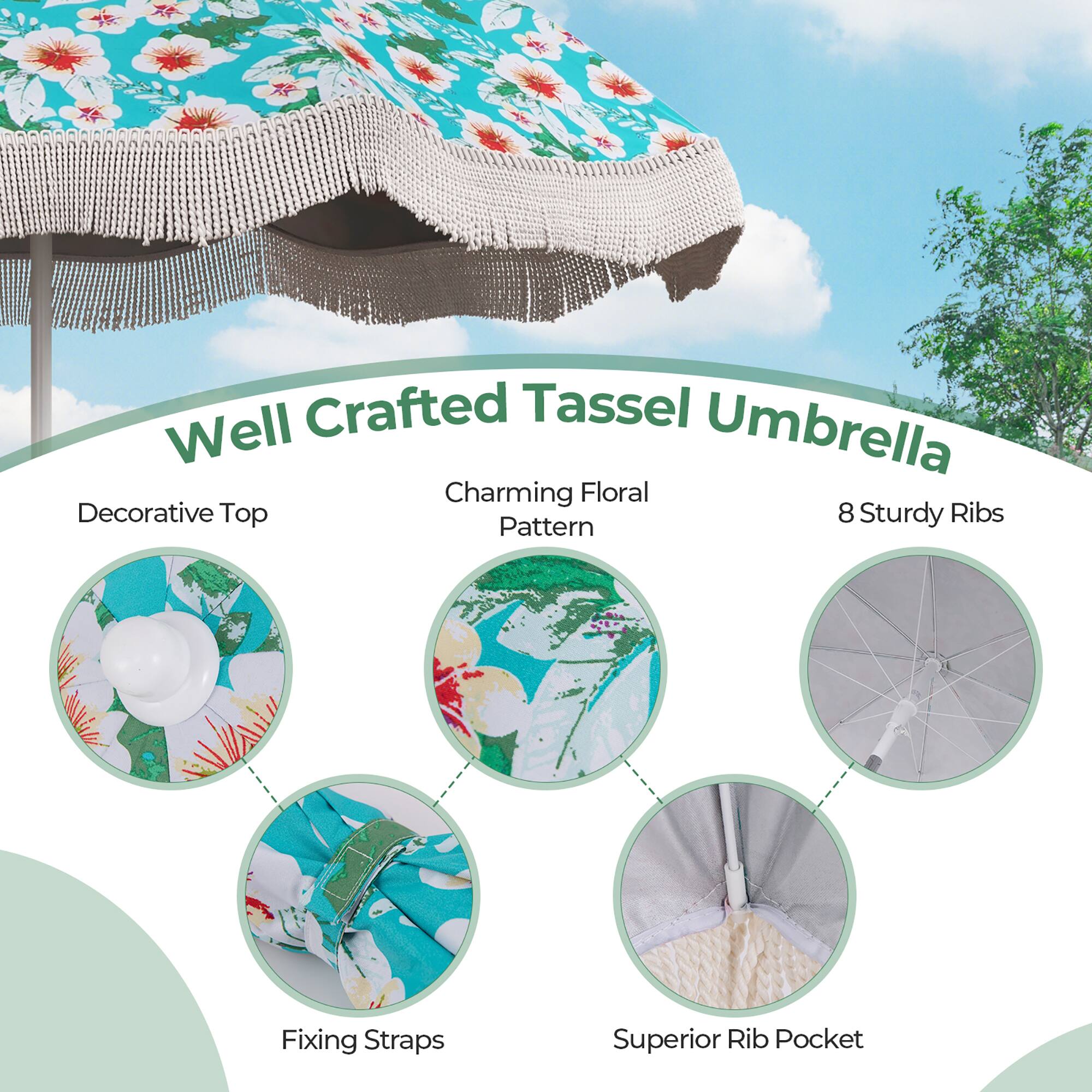 Well Crafted Tassel Umbrella

- Decorative Top
- Charming Floral Pattern
- 8 Sturdy Ribs
- Fixing Straps
- Superior Rib Pocket