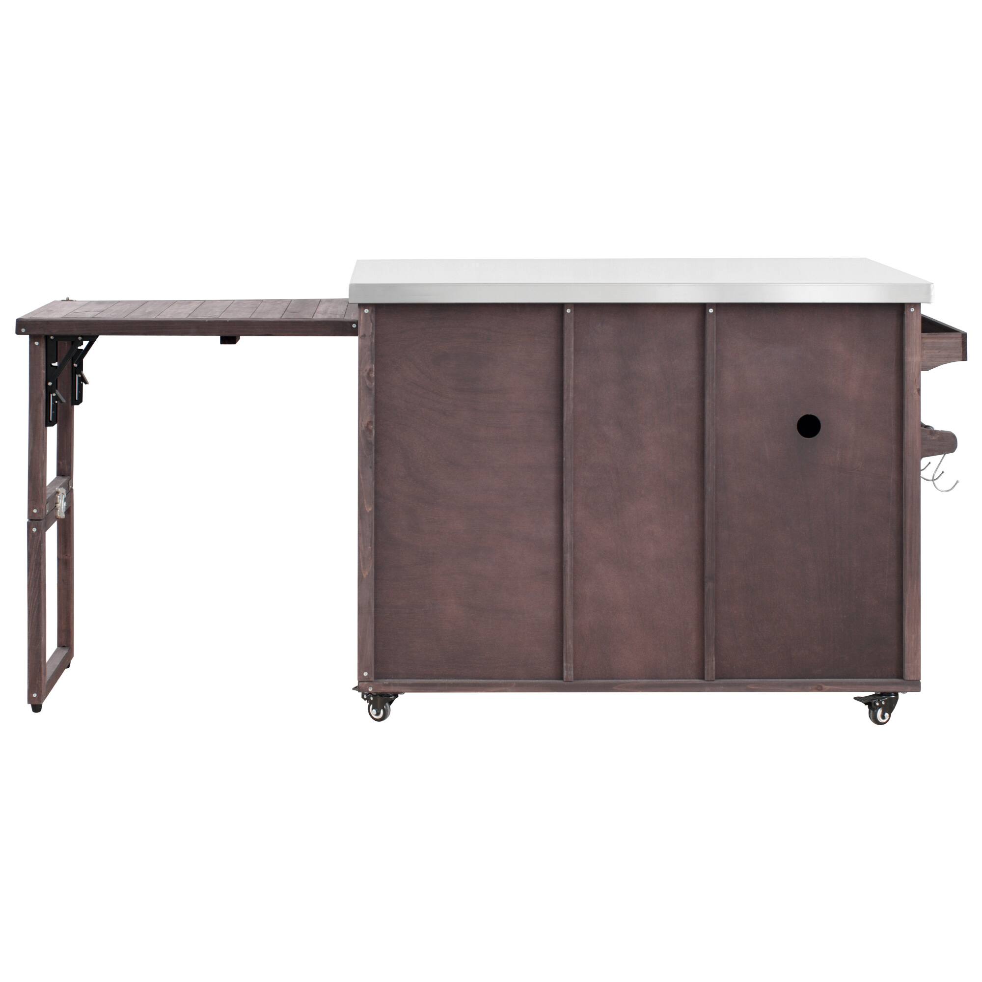 Back. PexFix - 78.3" Outdoor Kitchen Island with Foldable Table, Trash Storage & Stainless Top, Wood Pizza Oven Cart for Lawn & Garden - Dark Brown.