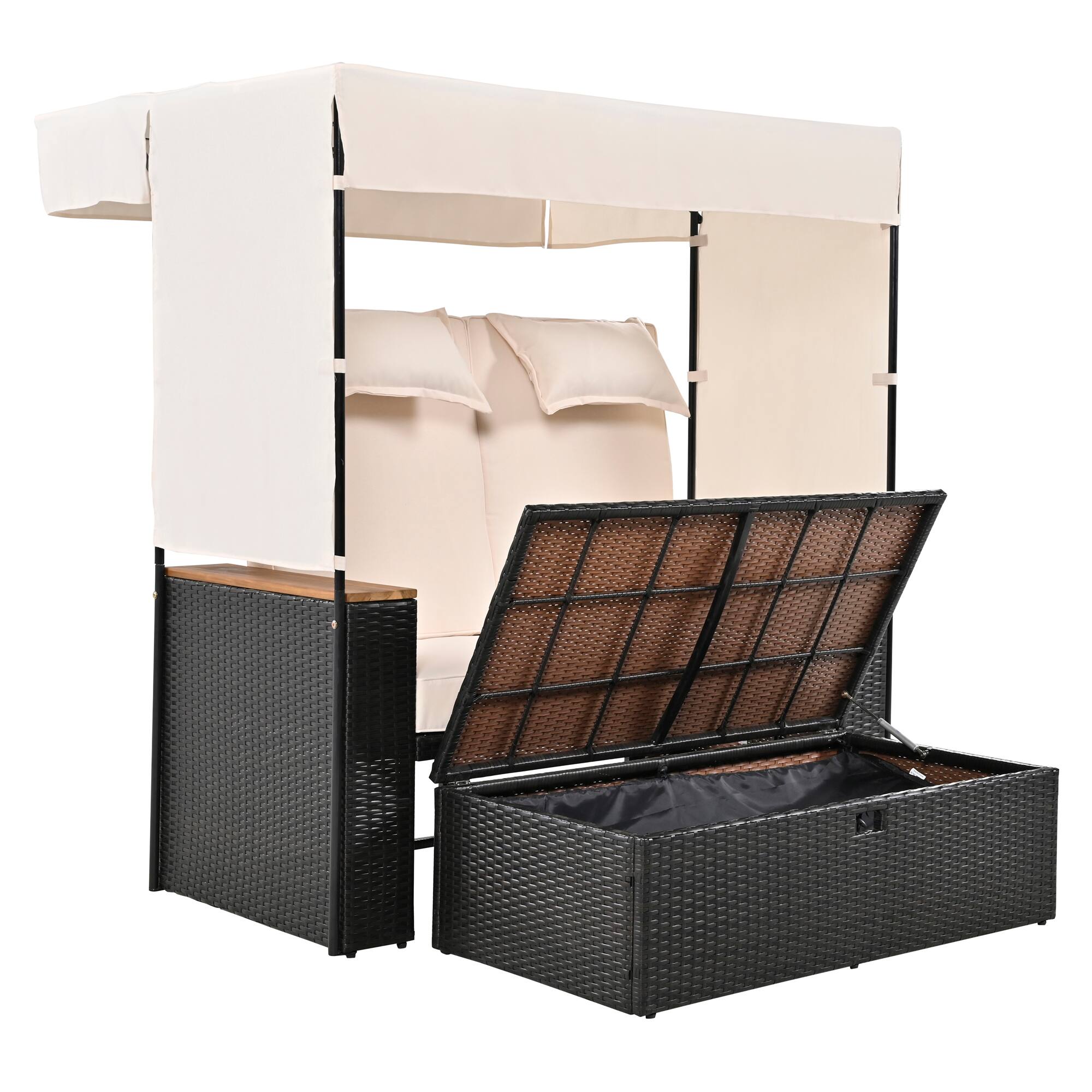 Alt View 7. Siljoy - TREXM 2-Piece Rattan Daybed, 5-Position Adjustable Outdoor Loveseat with Canopy & Cushions, Brown Wicker + Beige Fabric - Beige.