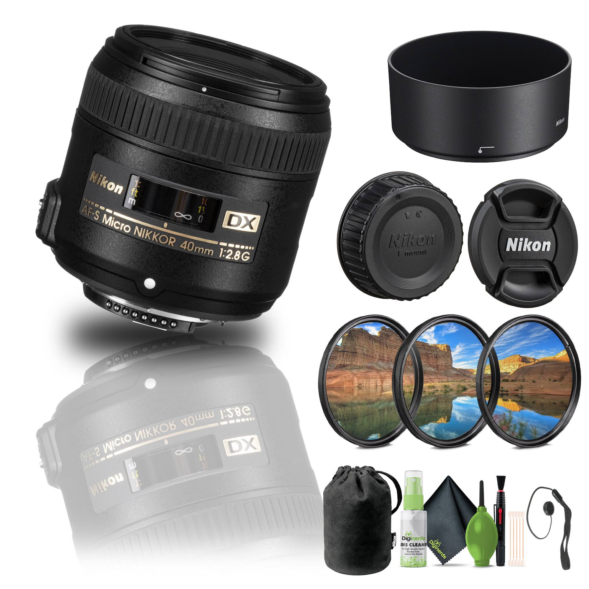 Nikon AF-S Micro NIKKOR 40mm 1:2.8G DX

- Nikon
- F mount
- DX

Accessories:
- Lens cap
- Lens hood
- Cleaning kit (spray, cloth, brush, air blower)
- Lens bag