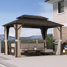 PURPLE LEAF - Outdoor Hardtop Gazebo Metal Frame Galvanized Steel Double Roof with Curtains and Nettings - 8' X 12'