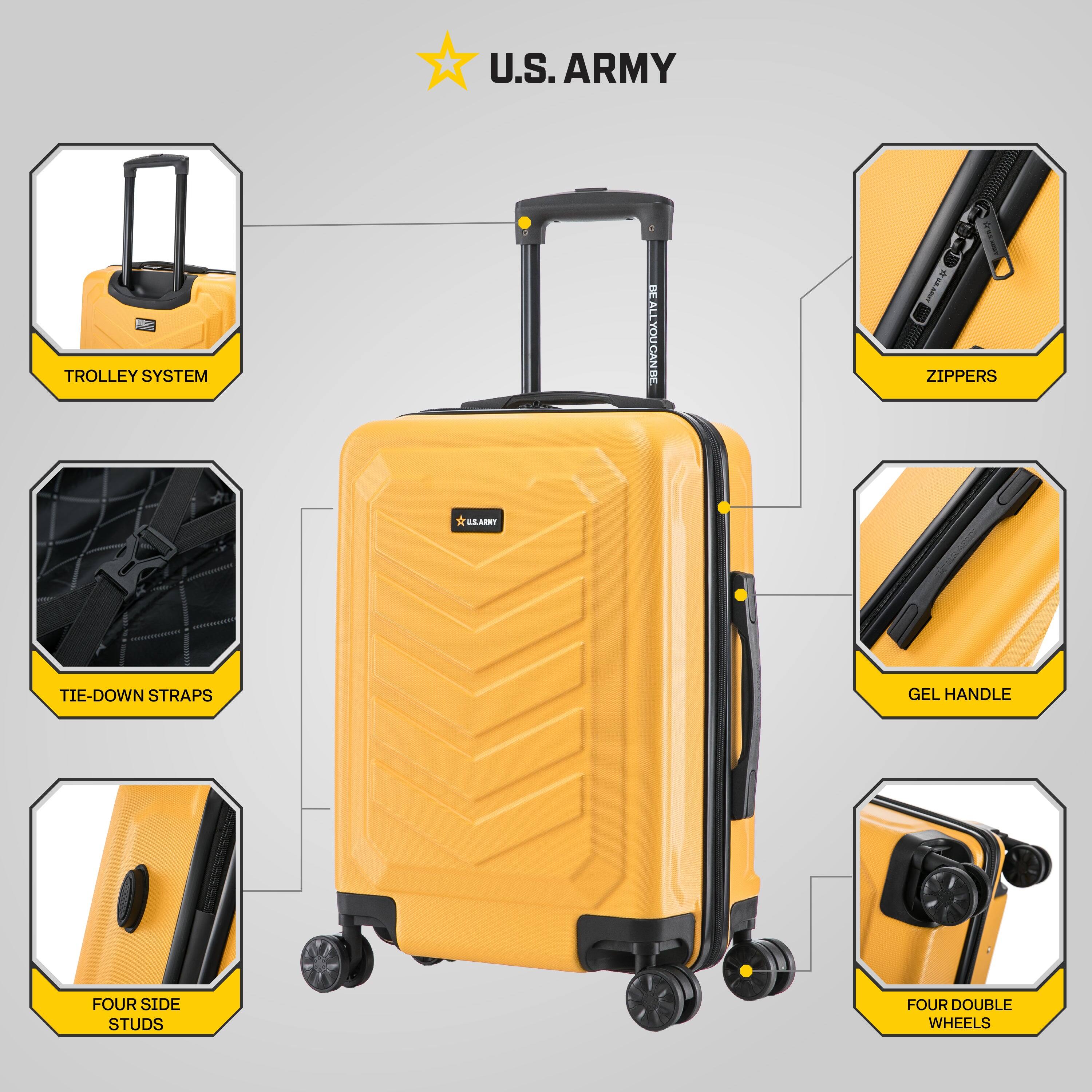 U.S. ARMY

- TROLLEY SYSTEM
- ZIPPER
- TIE-DOWN STRAPS
- FOUR SIDE STUDS
- GEL HANDLE
- FOUR DOUBLE WHEELS