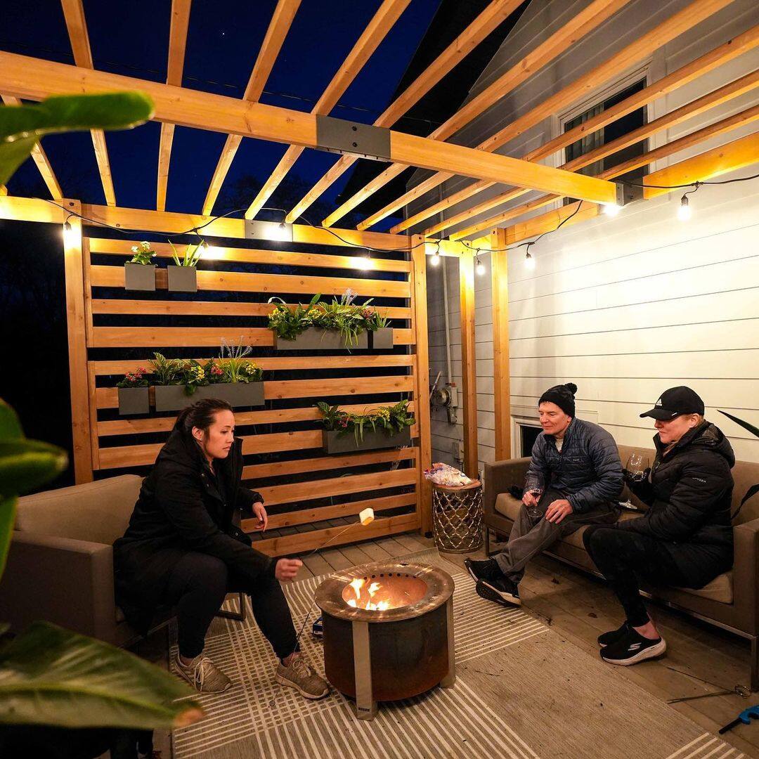 Alt View 6. SUNJOY - Sunjoy 10.5 ft. x 10 ft. Cedar Wood Pergola with Slatted Privacy Wall & Adjustable Hanging Planters - wood.