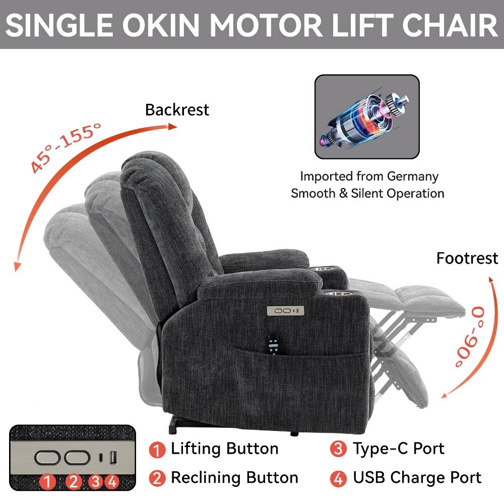 SINGLE OKIN MOTOR LIFT CHAIR

Backrest: 45°-155°

Footrest: 0°-90°

Imported from Germany
Smooth & Silent Operation

1. Lifting Button
2. Reclining Button
3. Type-C Port
4. USB Charge Port