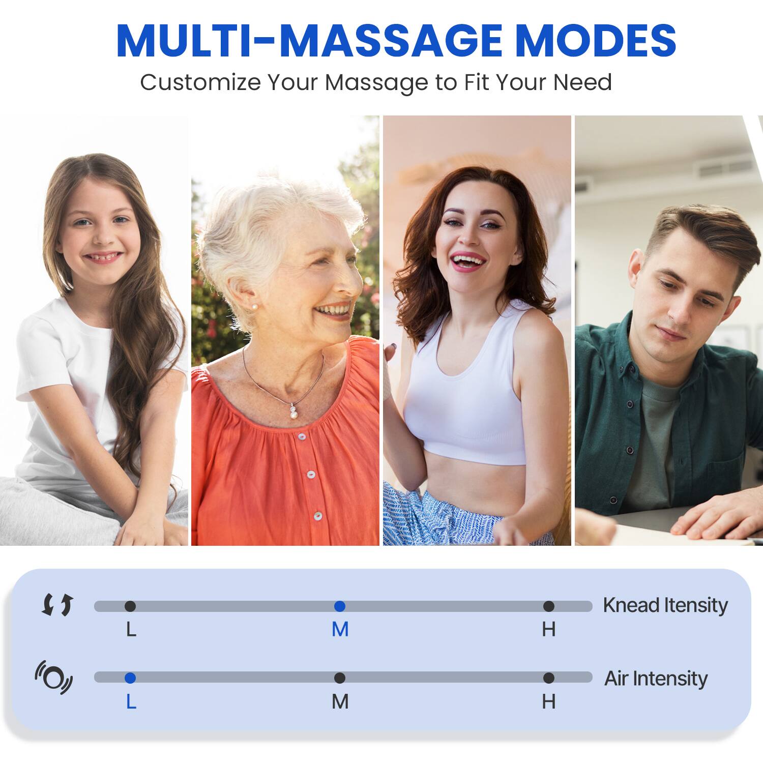 MULTI-MASSAGE MODES  
Customize Your Massage to Fit Your Need  

Knead Intensity: L M H  
Air Intensity: L M H