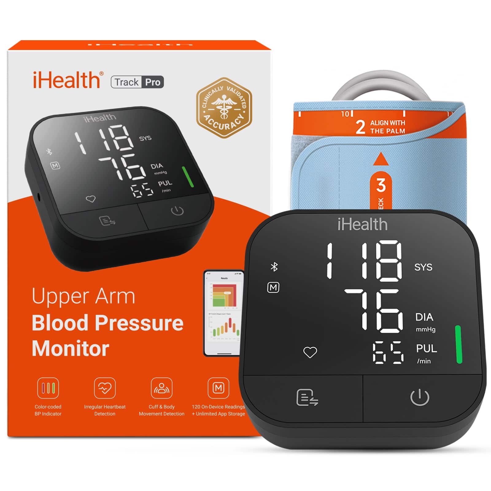 iHealth - Track Pro Upper Arm Blood Pressure Monitor, Bluetooth Digital BP Machine with Adjustable Cuff and Large Display - Black