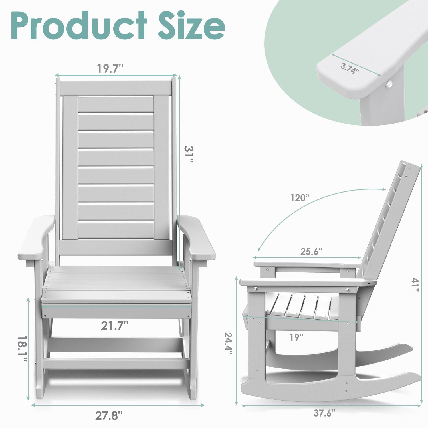 Product Size

- Height: 31"
- Width: 27.8"
- Depth: 18.1"
- Seat Height: 19.7"
- Seat Width: 21.7"
- Armrest Height: 3.74"
- Backrest Height: 31"
- Backrest Width: 19"
- Seat Depth: 19"
- Armrest Width: 25.6"
- Base Width: 37.6"
- Base Depth: 24.4"
- Tilt Angle: 120°