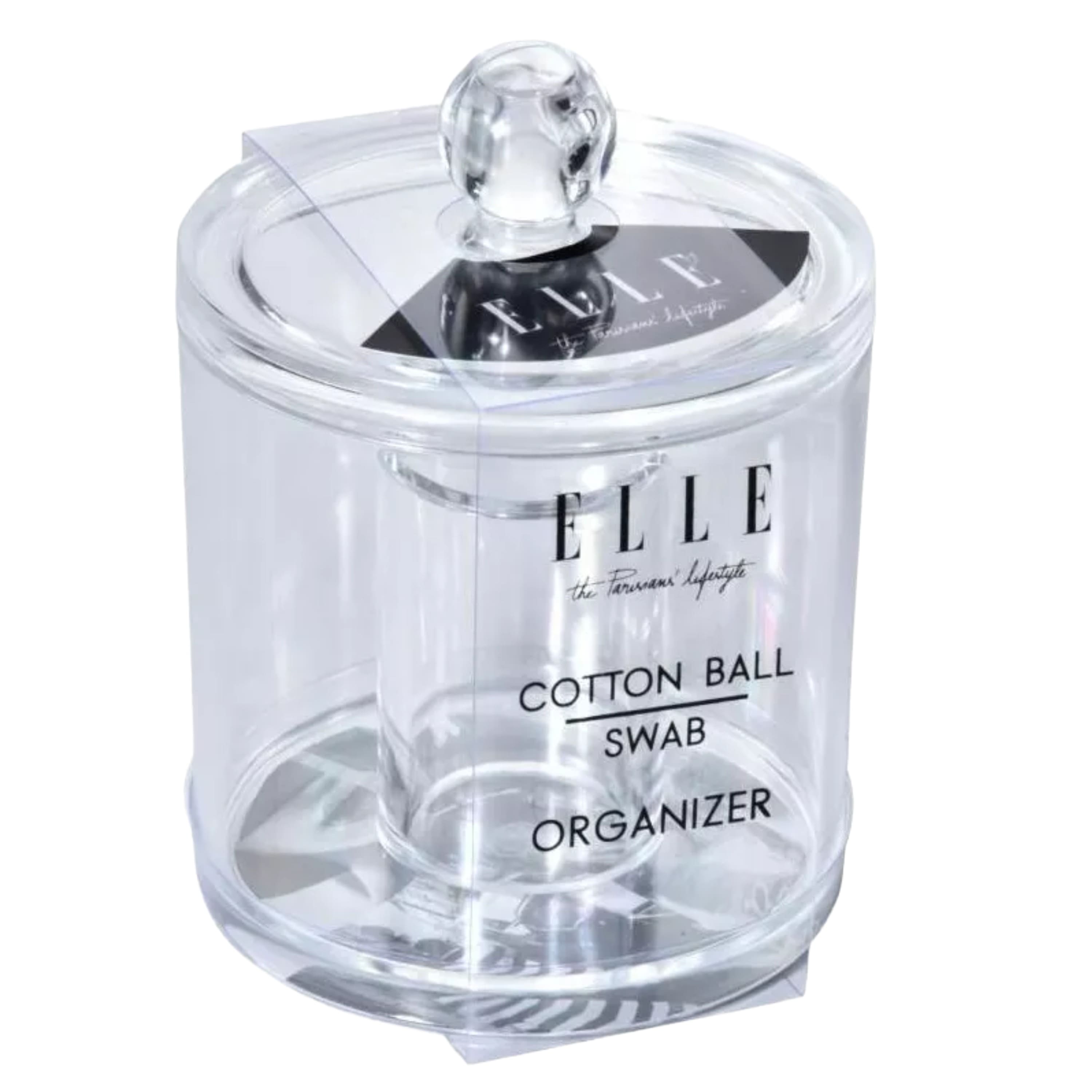 Elle - Clear Cotton Ball and Swab Organizer with Lid, Acrylic Compact Jar Makeup Cotton Holder, Durable Vanity Storage - Clear/Natural Bamboo
