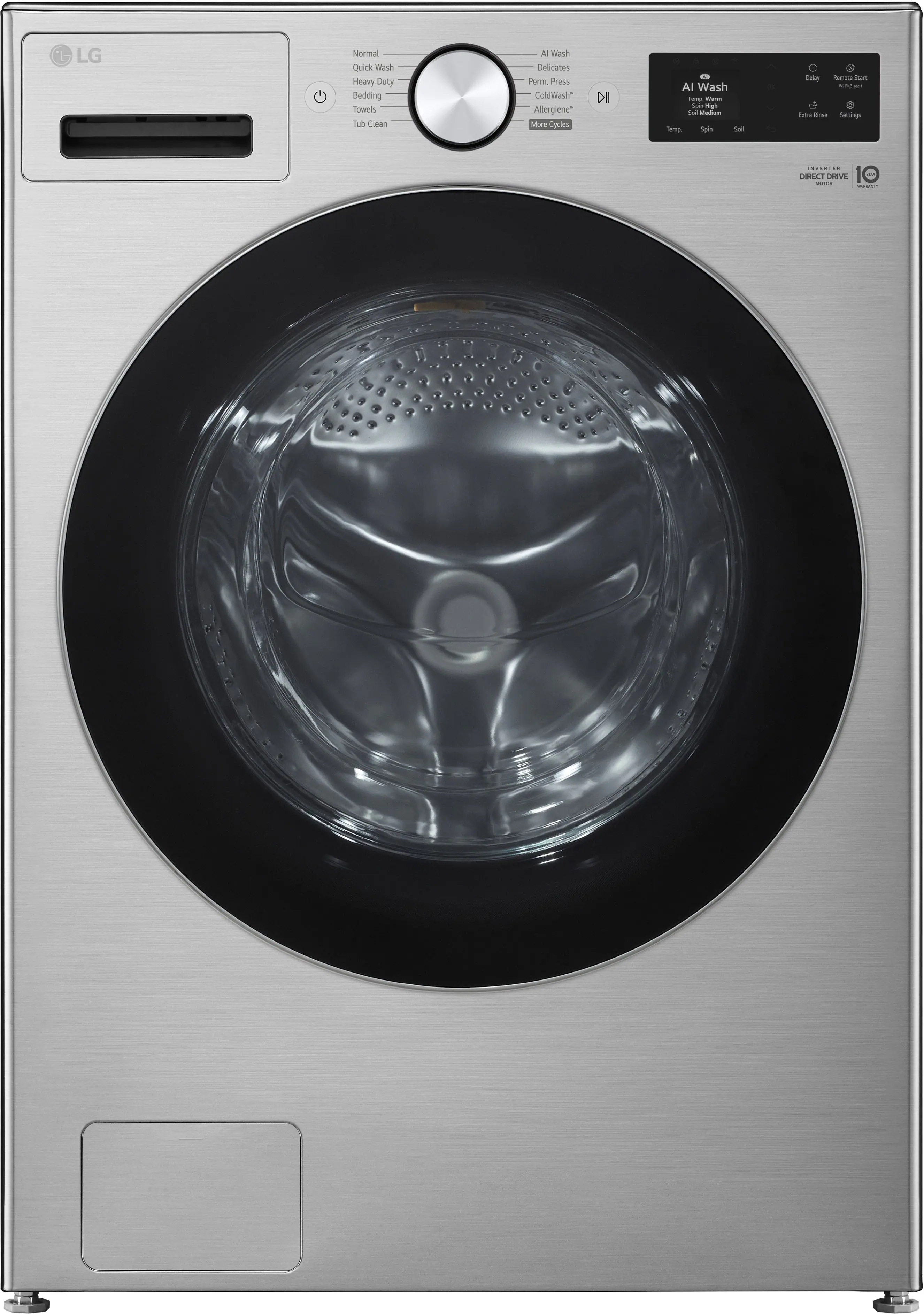LG

Normal  
Quick Wash  
Heavy Duty  
Bedding  
Towels  
Tub Clean  

All Wash  
Delicates  
Perm. Press  
ColdWash™  
Allergiene™  
More Cycles  

AI Wash  
Type: Warm  
Temp.  
Spin  
Soil  

Delay  
Restart  
Start  

Settings  

INVERTER DIRECT DRIVE  
10