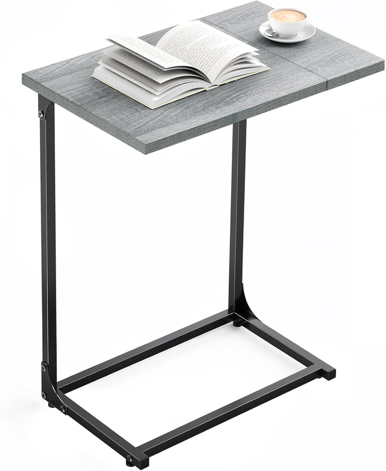 Alt View 7. Pipishell - C-Shaped End Table, Grey Rustic Style | Two-Piece Desktop & Metal Frame, Large Top for Sofa, Bedroom and Living Room - Gray.