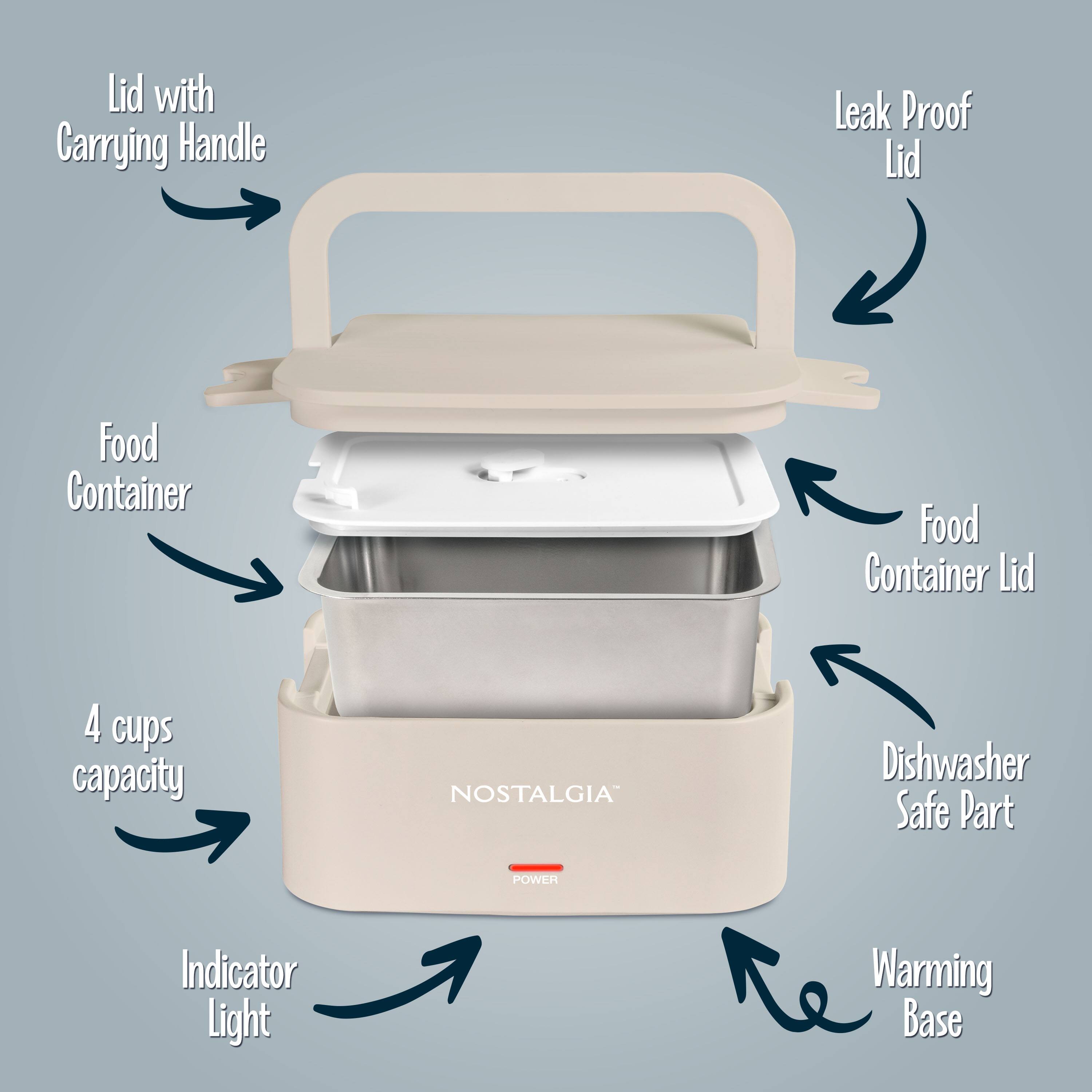 Lid with Carrying Handle  
Leak Proof Lid  
Food Container  
Food Container Lid  
4 cups capacity  
Dishwasher Safe Part  
Indicator Light  
Warming Base  
NOSTALGIA
