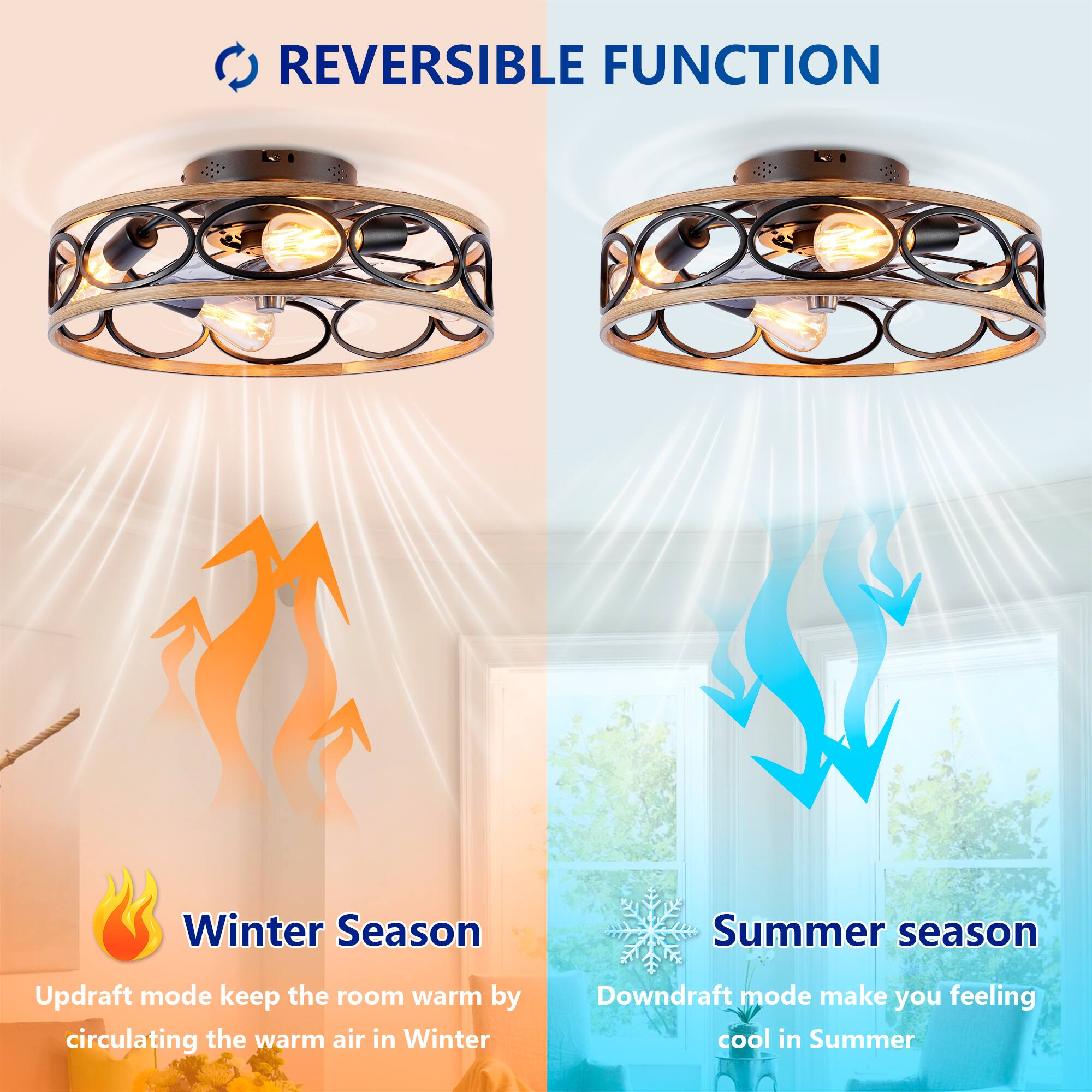 REVERSIBLE FUNCTION

Winter Season
Updraft mode keeps the room warm by circulating the warm air in Winter

Summer Season
Downdraft mode makes you feel cool in Summer