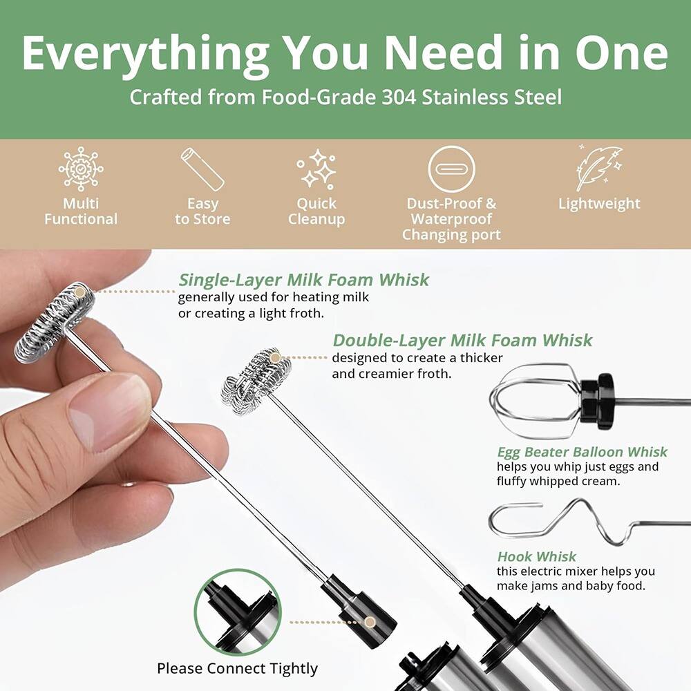 Everything You Need in One  
Crafted from Food-Grade 304 Stainless Steel  

Multi Functional  
Easy to Store  
Quick Cleanup  
Dust-Proof & Waterproof Changing port  
Lightweight  

Single-Layer Milk Foam Whisk  
- generally used for heating milk or creating a light froth.  

Double-Layer Milk Foam Whisk  
- designed to create a thicker and creamier froth.  

Egg Beater Balloon Whisk  
- helps you whip just eggs and fluffy whipped cream.  

Hook Whisk  
- this electric mixer helps you make jams and baby food.  

Please Connect Tightly