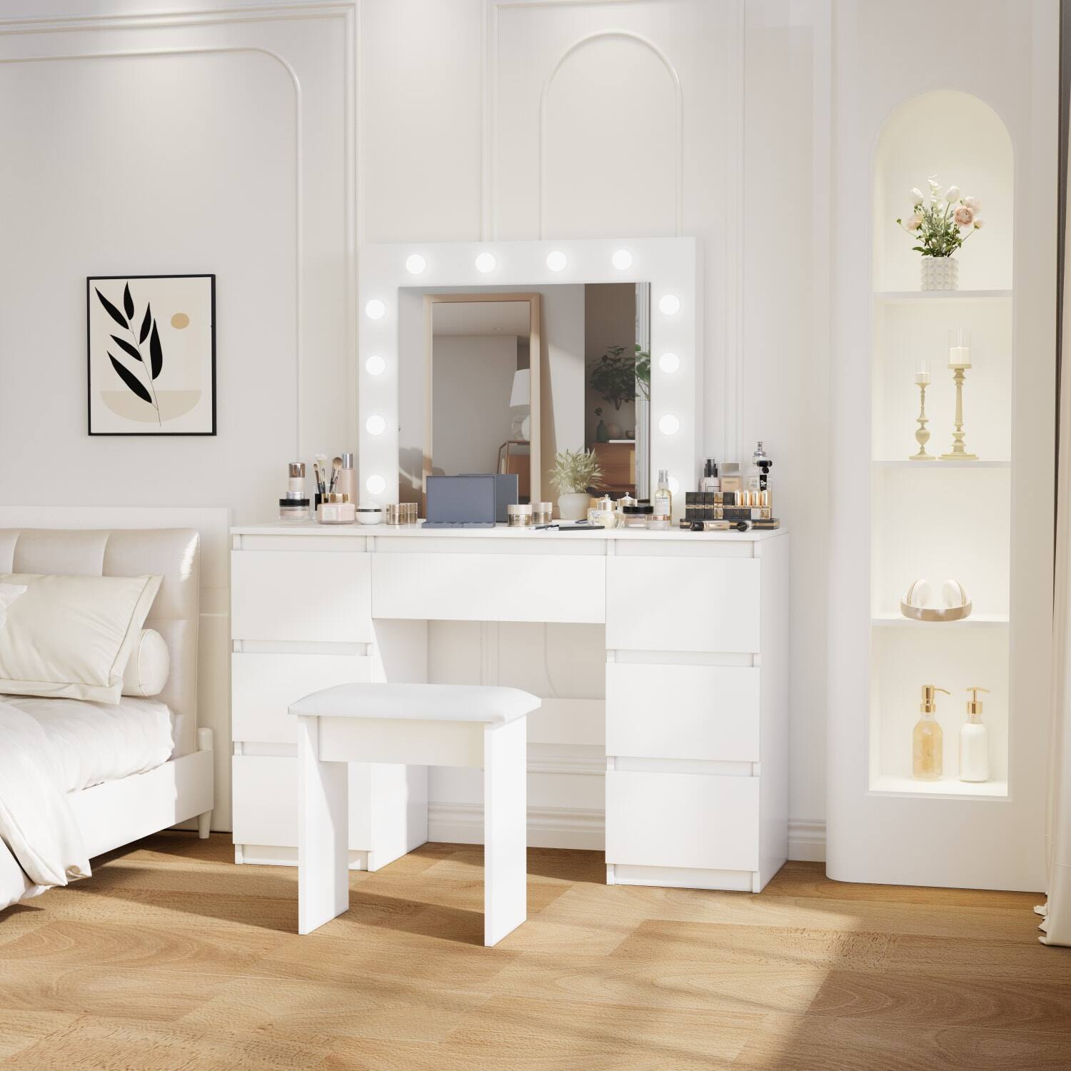 Front. Lirago - White Wood Dressing Table Desk with Mirror Lights 15.7”D x 41.3”W x 55.1”H - White.