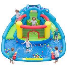 Costway - Inflatable Water Slide Park with Double Slides, Jumping Area, Splash Pool for Yard - Multi-colored