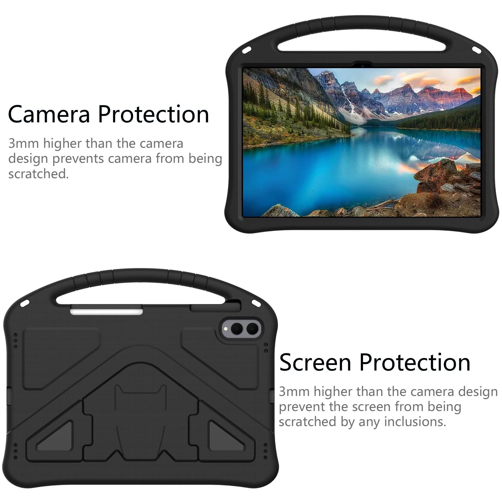 Camera Protection  
3mm higher than the camera design prevents camera from being scratched.  

Screen Protection  
3mm higher than the camera design prevent the screen from being scratched by any inclusions.